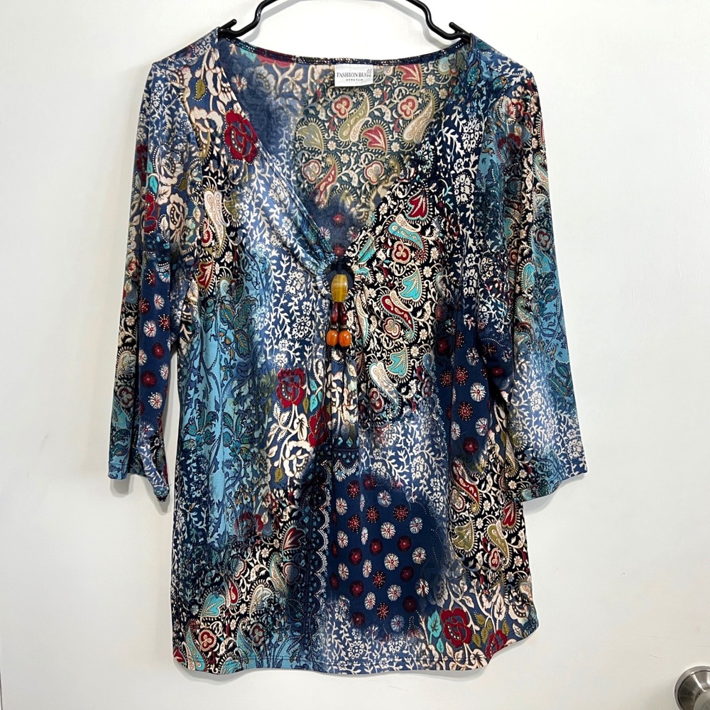 Vintage Fashion Bug Paisley Patchwork Beaded V-Neck Top‎ Size 18/20 Boho Whimsy